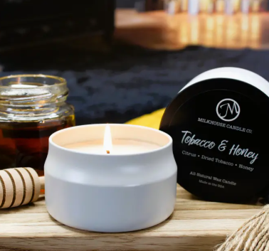 3.75 oz Traveler Tin Candle: Tobacco & Honey- Milkhouse Tobacco Company